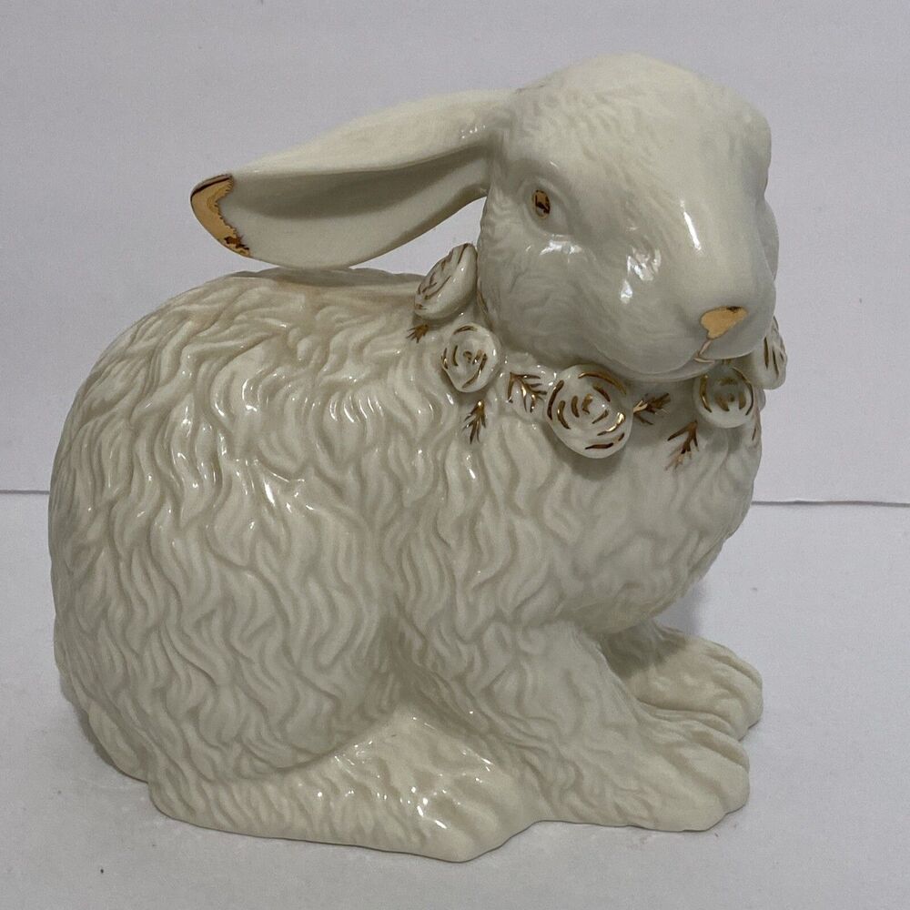 Porcelain Bunny Rose Embellished Statue Gold Accents High Gloss 7”x7”